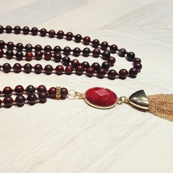 Red Stone Mala with Gold Tassel - Picture 2 of 6